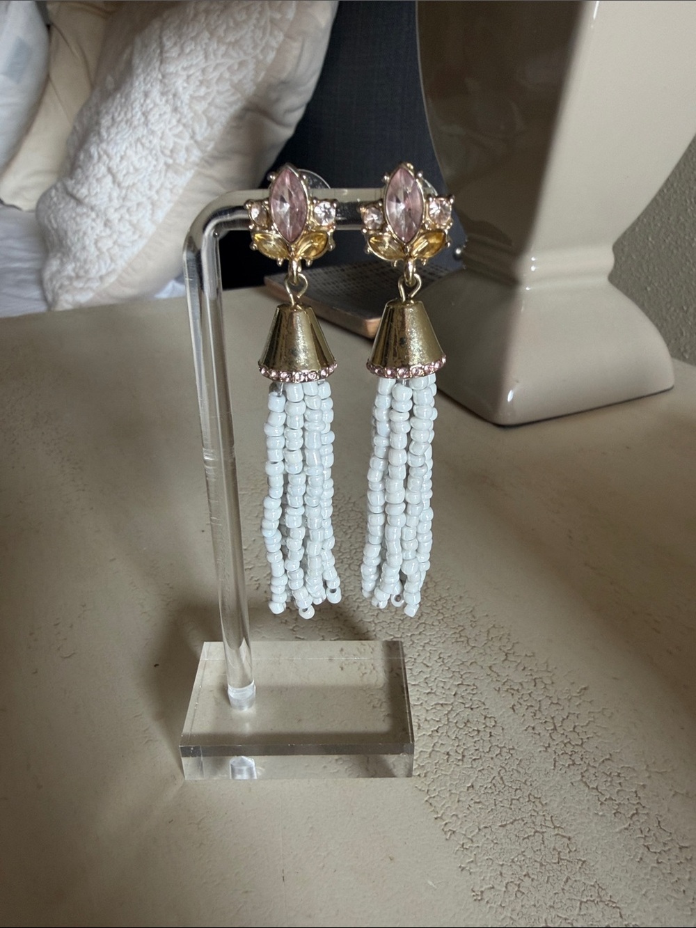 Elegant White Beaded Tassel Drop Earrings